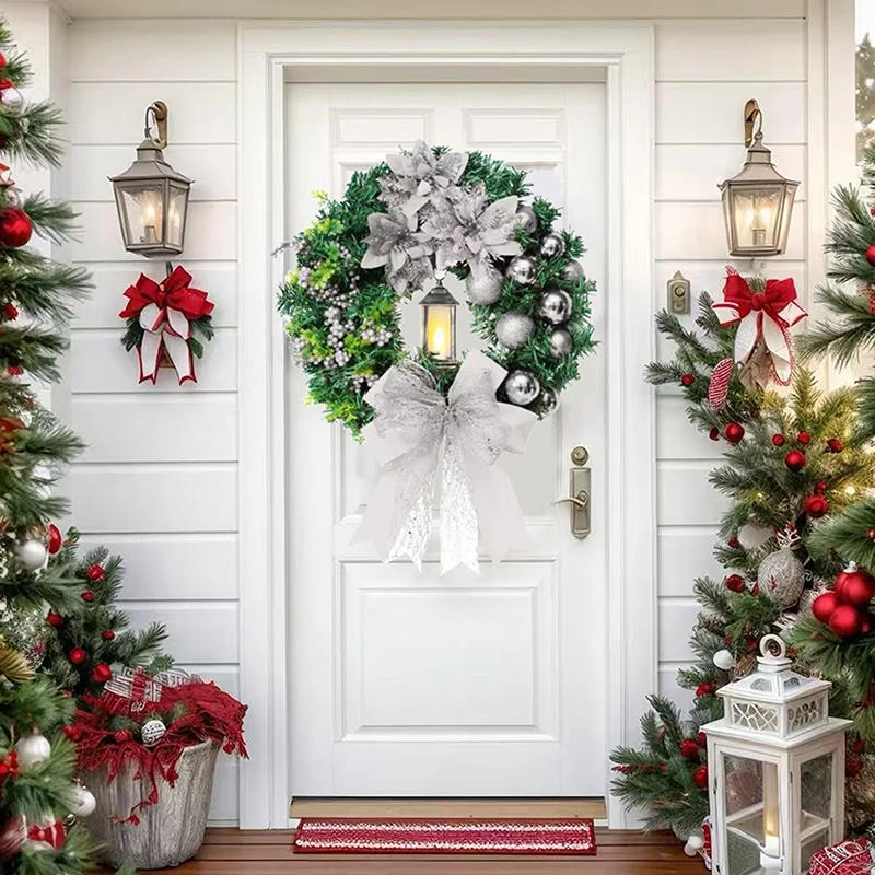 Decoración navideña para puerta delantera: corona artificial iluminada con cinta y bolas