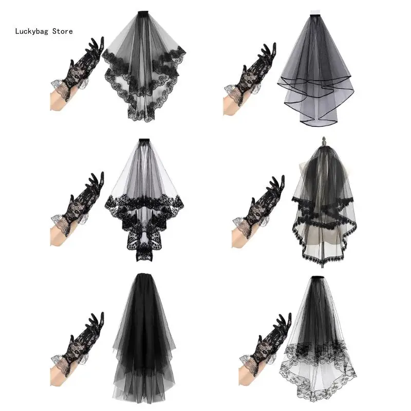 Festival Lace Veil and Gloves Set Cosplay Headpieces for Halloween Celebrations