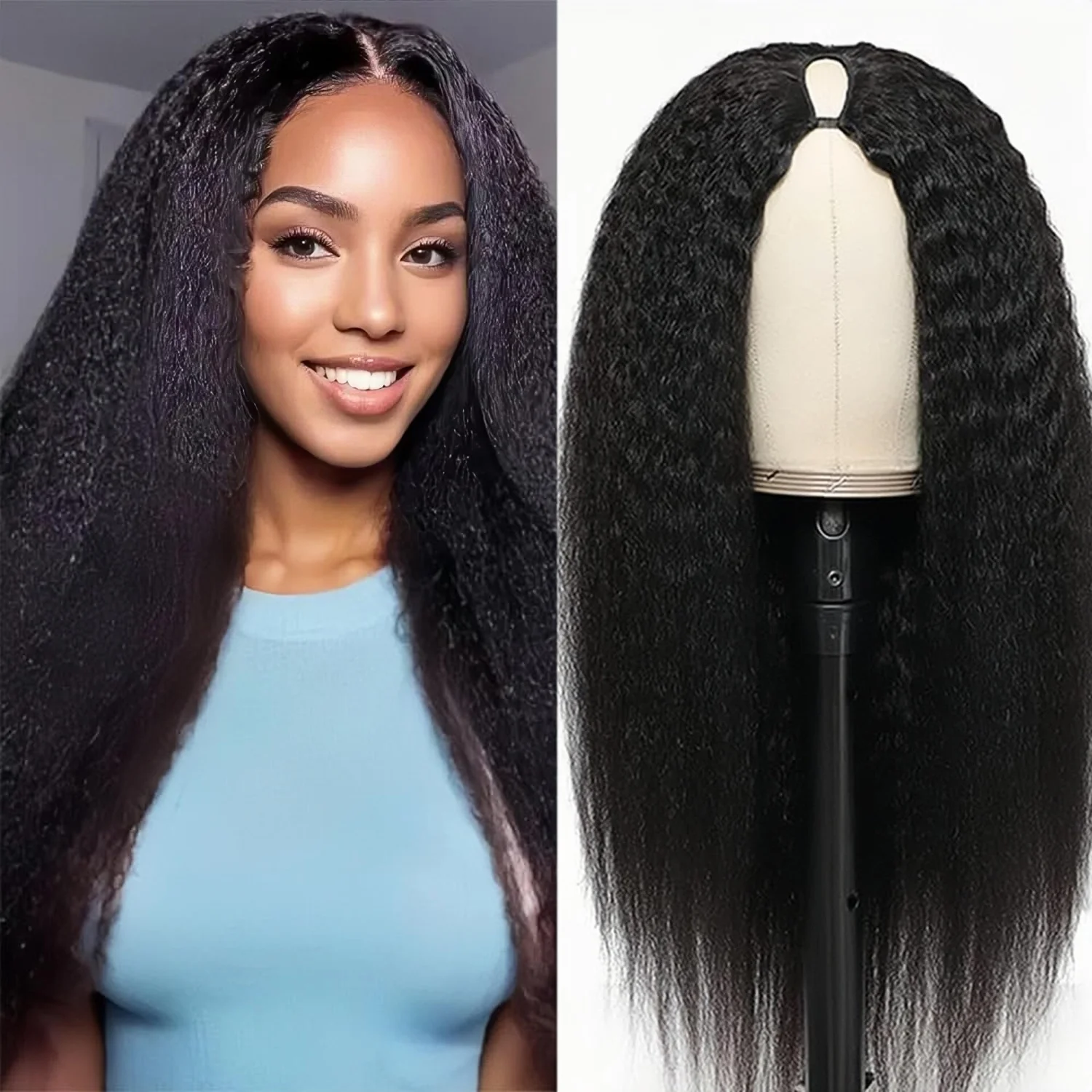 

Yaki Straight V Part Wig Human Hair 16-36inch Brazilian Virgin Hair Glueless 200% Density Women Natural Breathable Easy To Wear
