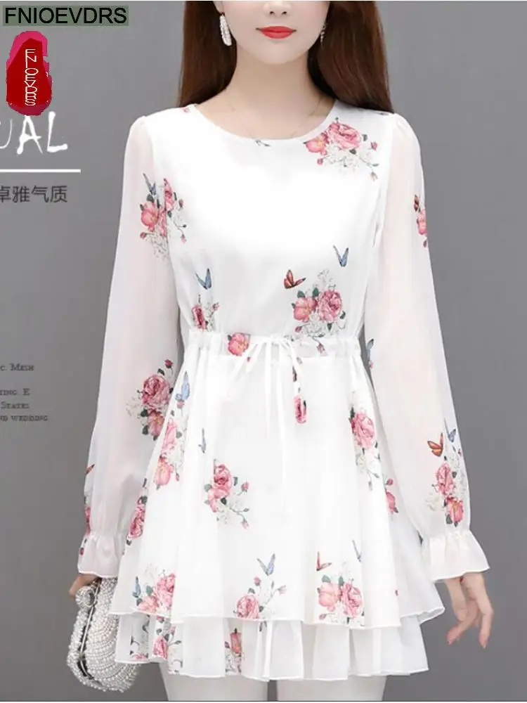 2022 Women Retro Elegant Office Lady Vintage Loose Floral Print Ruffles Peplum Tops Belly Long Tunic Basic Shirts Blouses 4239