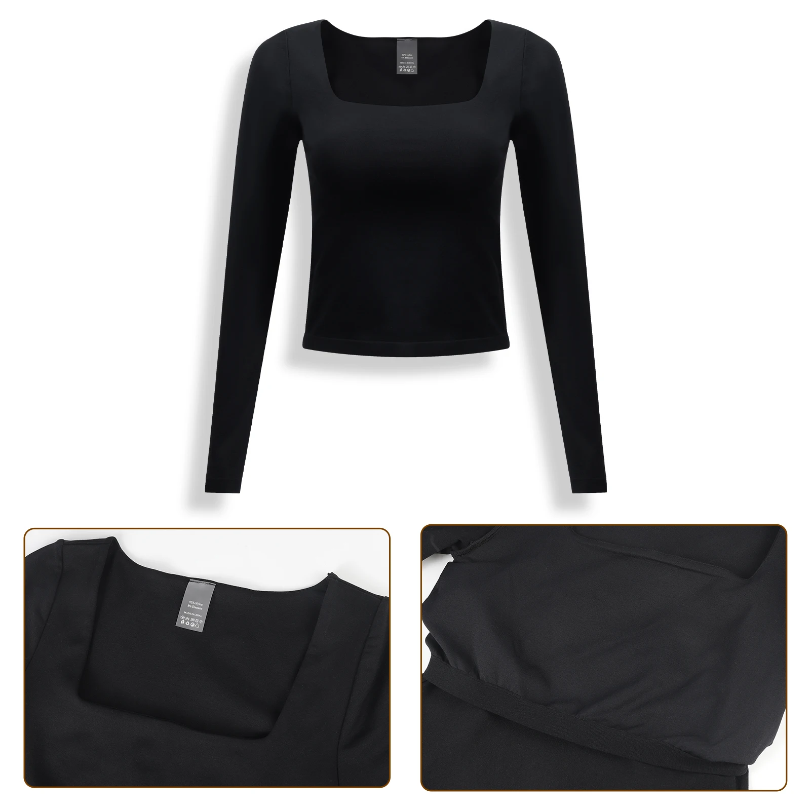 Women Black Crop Top Long Sleeve Square Neck Slim Fitted Y2K Casual Workout Basic T-Shirt Tops