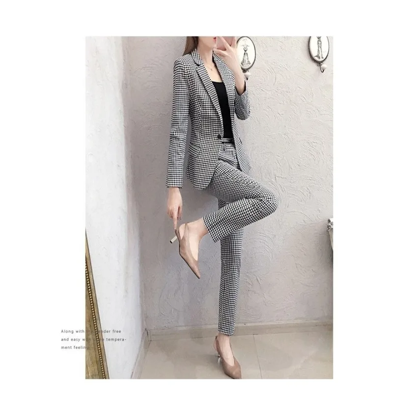 Primavera e outono nova moda xadrez terno conjunto para temperamento feminino manga comprida terno calças conjunto de duas peças
