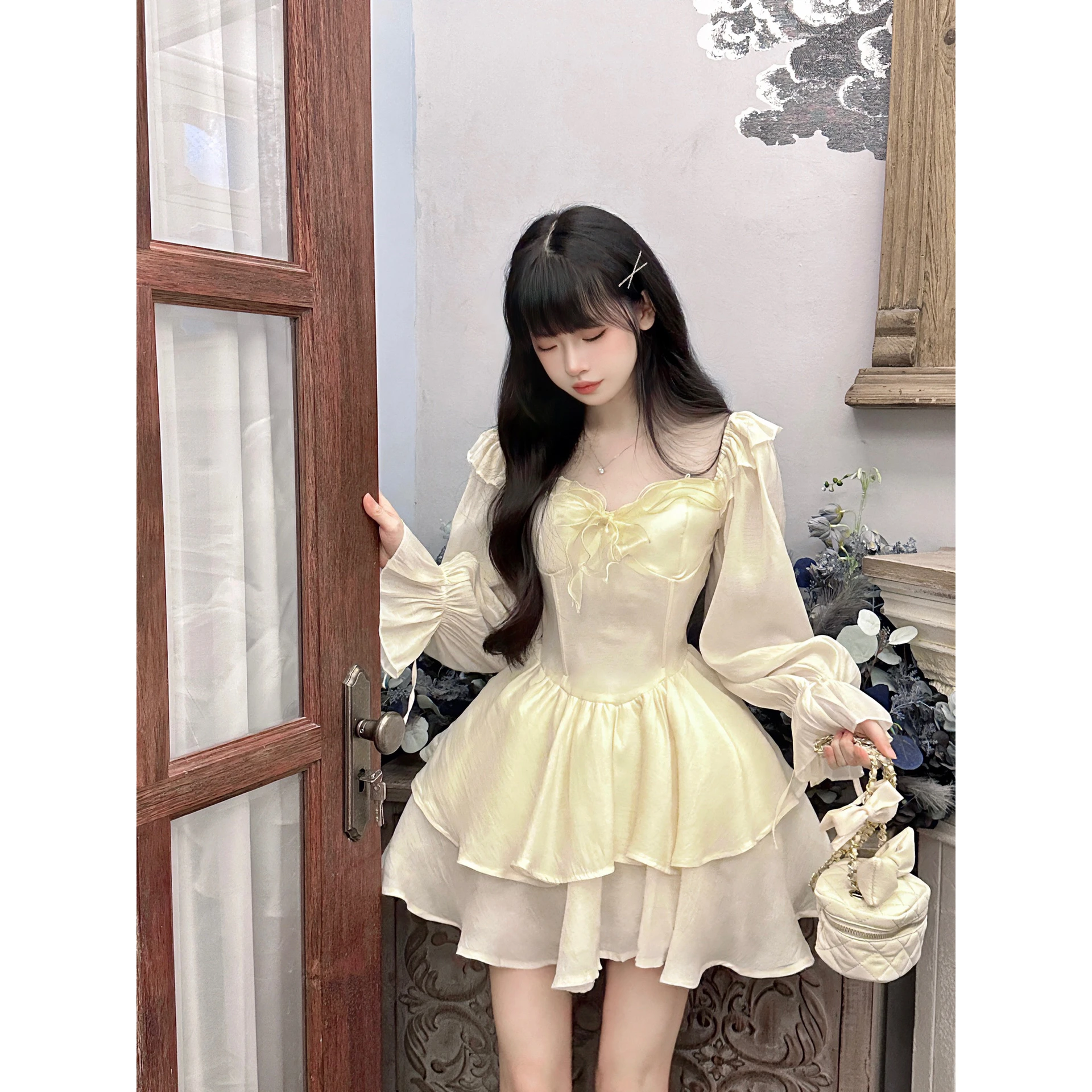 Elegant Long Sleeve Sweet Tawny Dress Women's Soft Style Fairy Tale Princess Tea Break Milk Series First Love Puffy Skirt