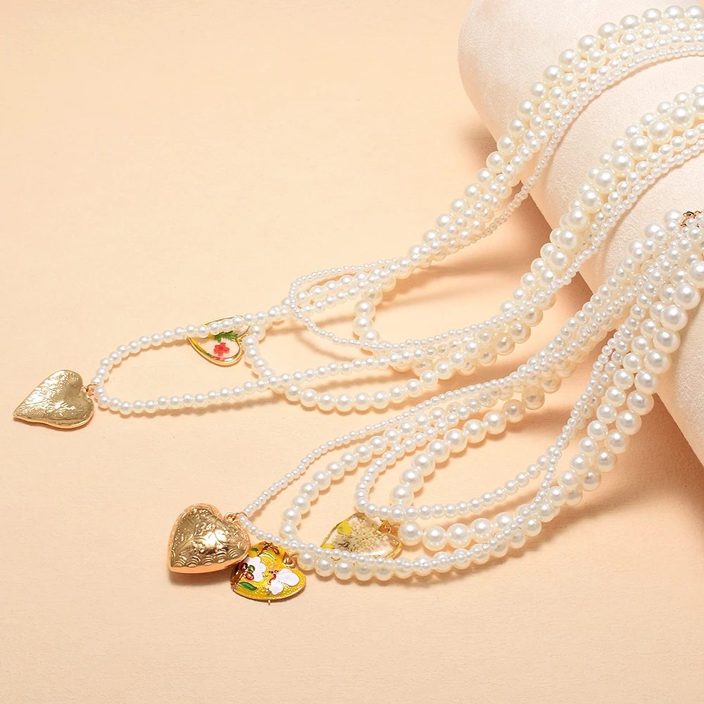 

Bohemian Imitation Pearl Love Heart Charms Chains Necklace Women Metal Pendant Multilayer Elegant Necklace Wedding Jewelry