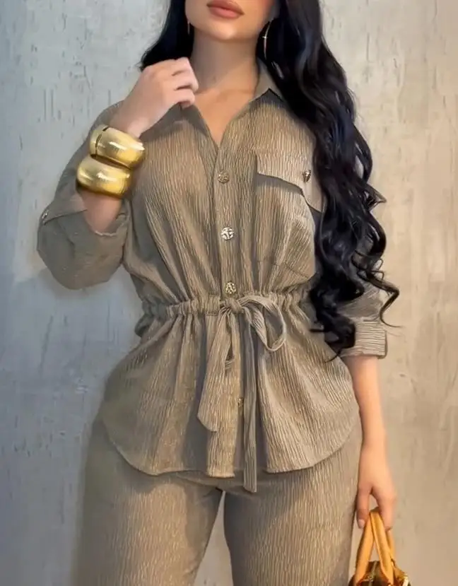 2 Pieces Commuting Set Vintage Roll Up Sleeve Front Flap Pocket Waist Drawstring Top Elastic Waist Wide Leg Pants Set Textured