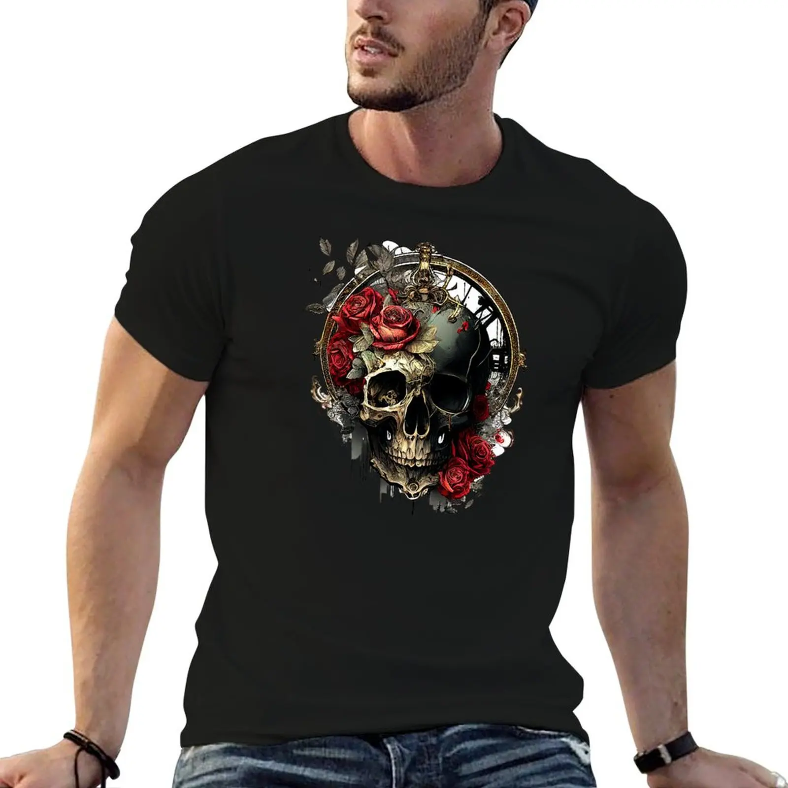 

Steampunk style design - Skull with Roses Vintage Gothic T-Shirt anime t shirts for man man graphic t shirt T-Shirt