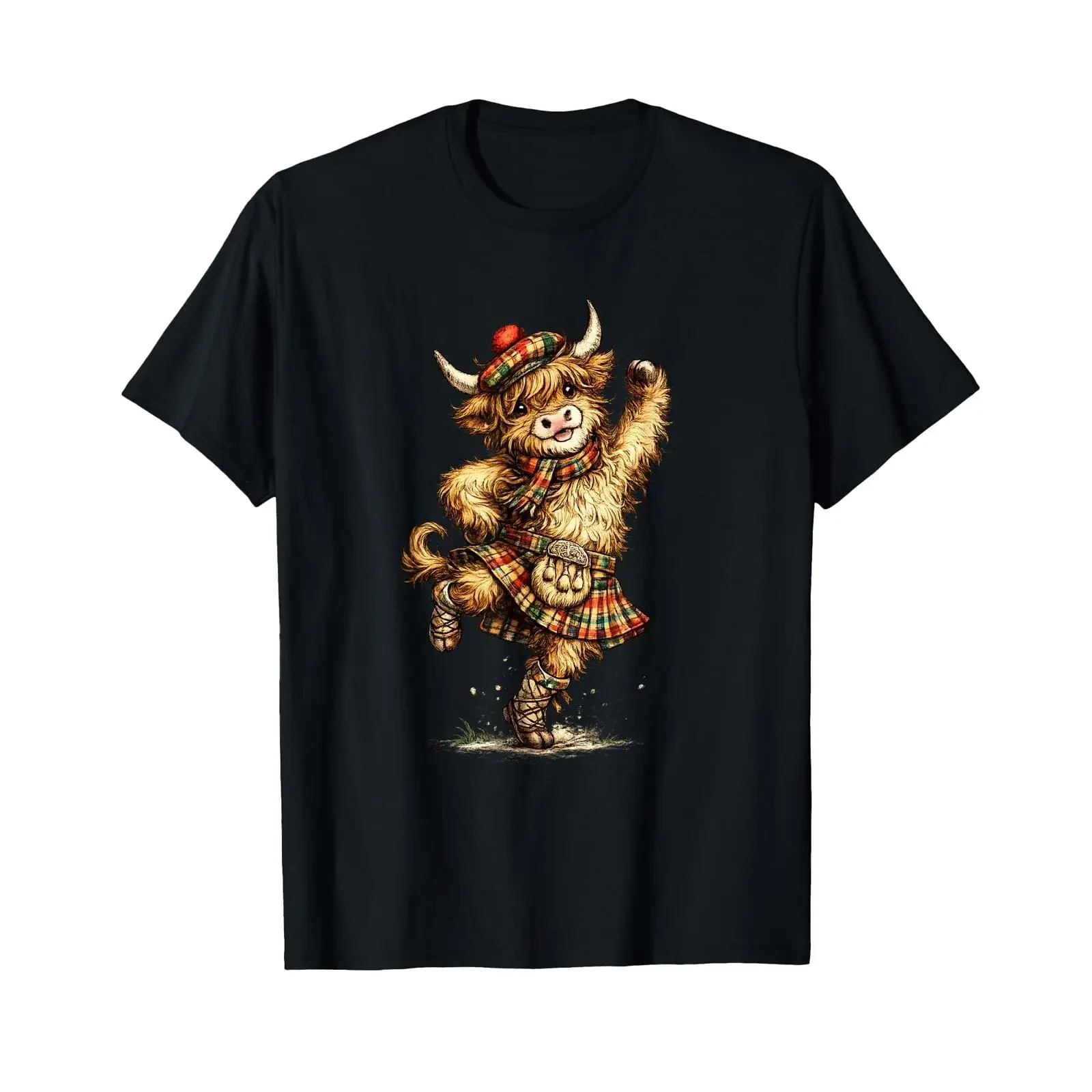 Lustige Hochlandkuh, die schottischen Tanz aufführt, T-Shirt, Vintage-Look, gewaschenes Oberteil für den Alltag, bequem, leicht stilvoll