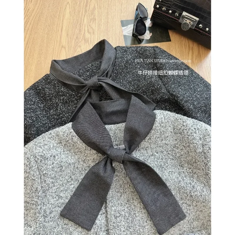 MiiiiX Office Lady Formal Woolen Suit V-Neck Lace-up Bow Suit Jacket Midi A-line Skirt 2024 Autumn Elegant Women Two-piece Set