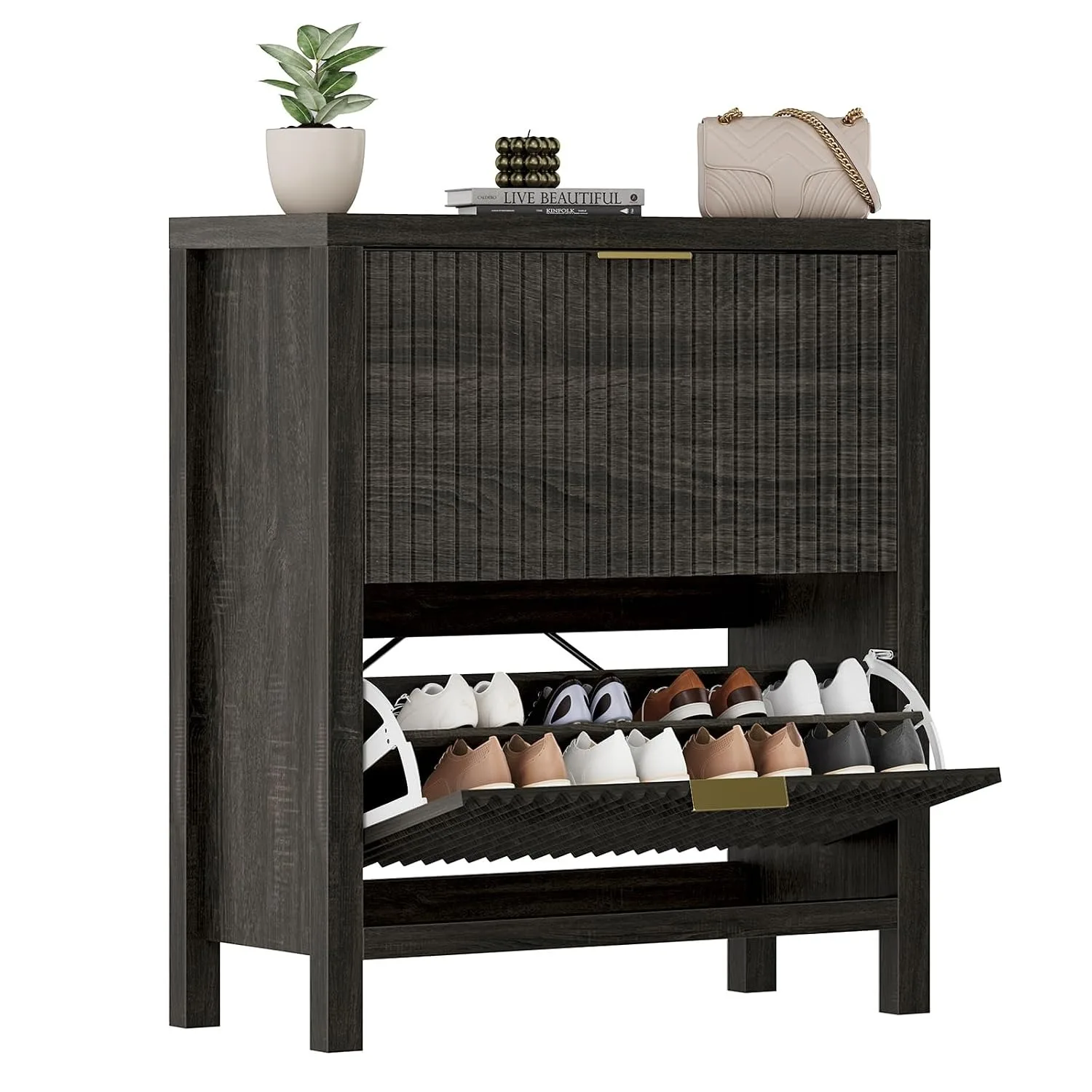 31.5" Wood Fluted Hidden Shoe Cabinet with 2 Flip Drawers & 4 Thickened Wood Legs Storage Organizer, Custom