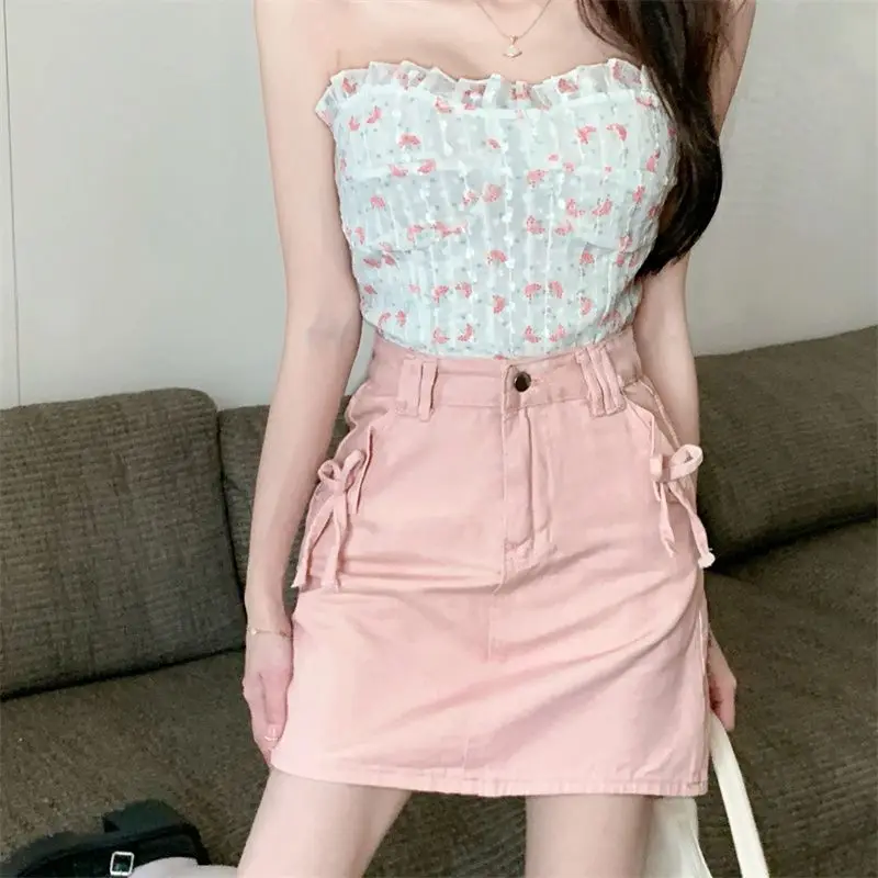 

Pink High Waist A Word Hip Skirt Denim Skirt Women Korean
