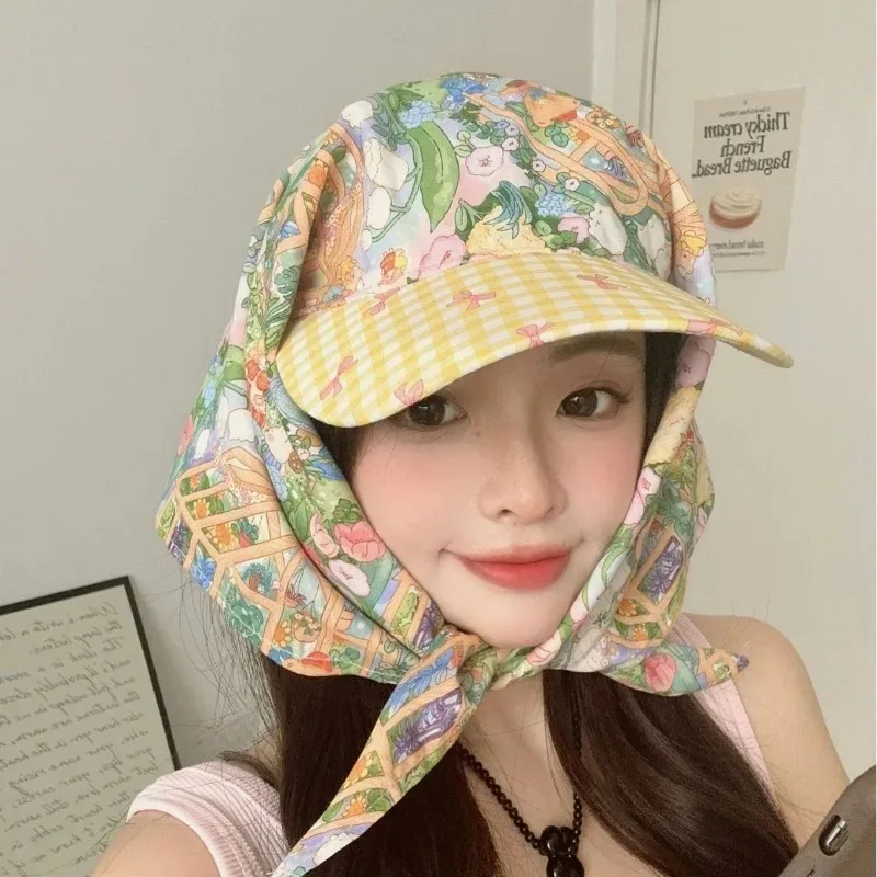 

Ins Sun Hat Women Pastoral Oil Painting Style Literary Strap Spring and Summer Travel Sunscreen Personalized Headscarf Caps