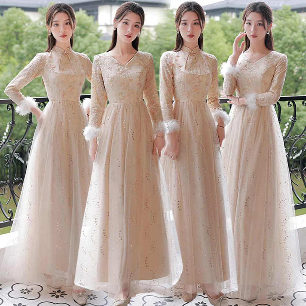 Women's Long Bridesmaid Dress Winter New Long Sleeve Plush Cuffs Chinese Style Wedding Thick Sisters Group Bridesmaid Vestido