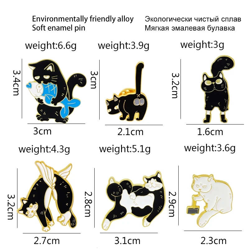 Cartoon Black Cat White Cat Enamel Pins Sad Angry Angel Puss in Boots Funny Cat Brooches Badges Lapel Shirt Jewelry Accessories