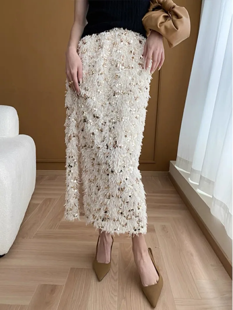 MiiiiX French Elegant Sequined Splicing Plush Skirt Elastic Waist Straight Loose Long Skirt 2024 Autumn Fashion Female Clothes