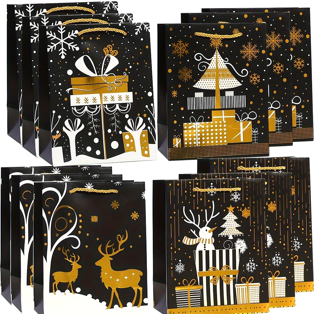 12 Pcs Festive Christmas Gift Bags Black with Golden Printed Designs - Perfect for Wrapping Holiday Presents