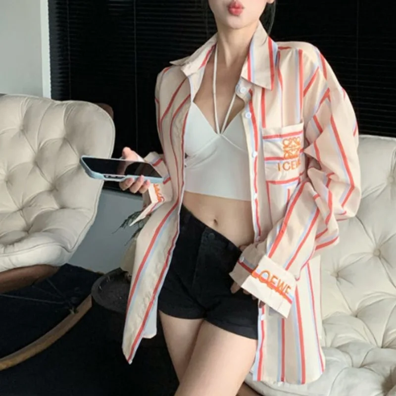 Korean Striped Long Sleeve Blouse Coat Female Fashion Temperament Buttons Cardigan Long Sleeve Shirts Women Clothing Trend Tops