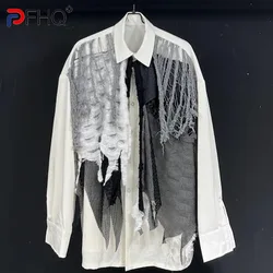 PFHQ Patchwork Vintage Male Shirts Versatile Baggy Summer Long Sleeve Sun Protection Worn Out Trendy Original Men's Tops 21Z4834