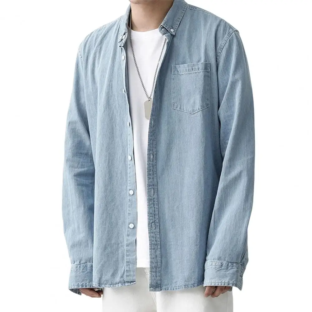 

Men Loose Denim Shirt Long Sleeve Lapel Button Down Streetwear Top for Work Fashion