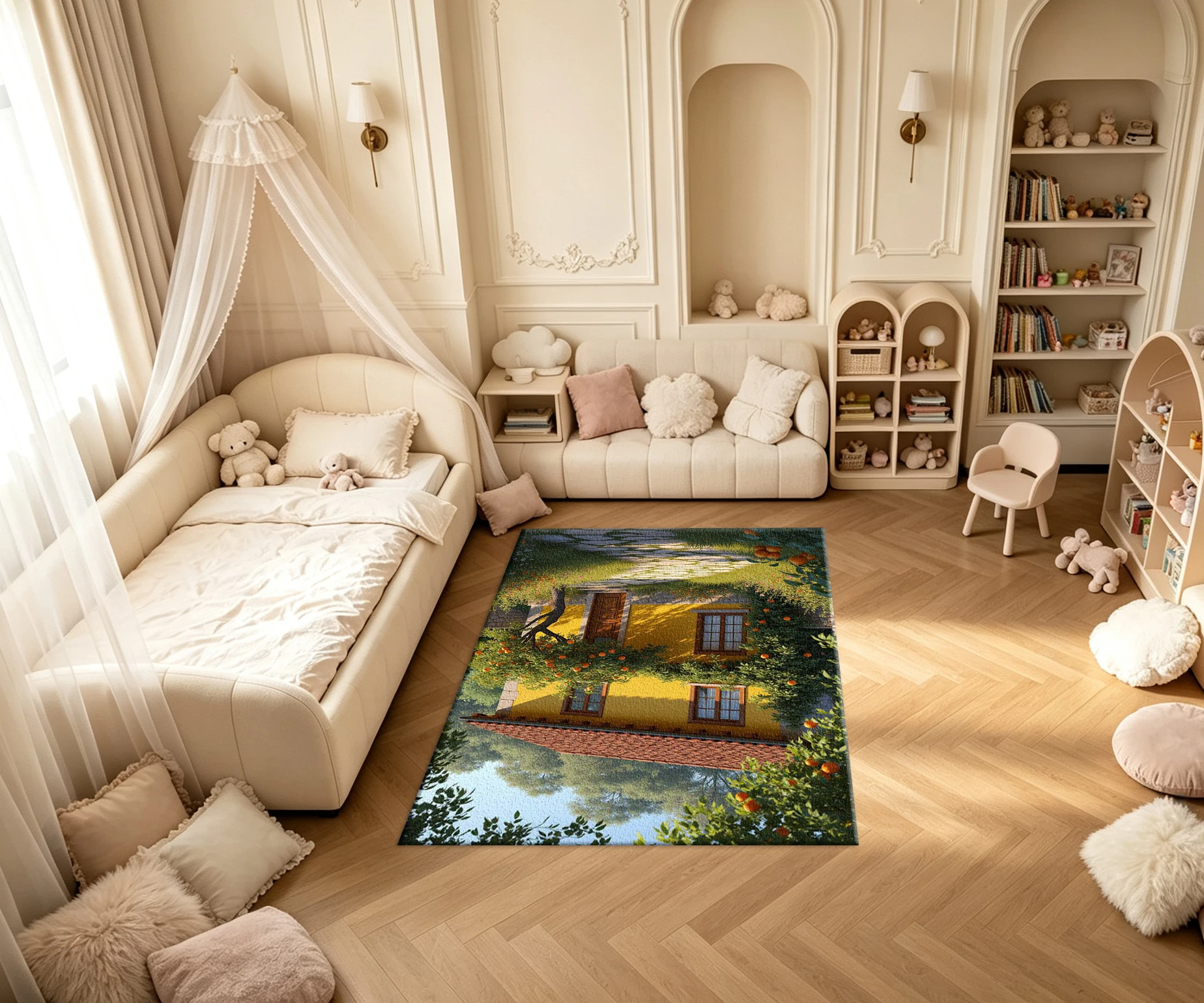 Rural Yellow House Orange Fruit Tree Scenery Carpet Flooring Countryside Garden Landscape Household Decor Floor Rug