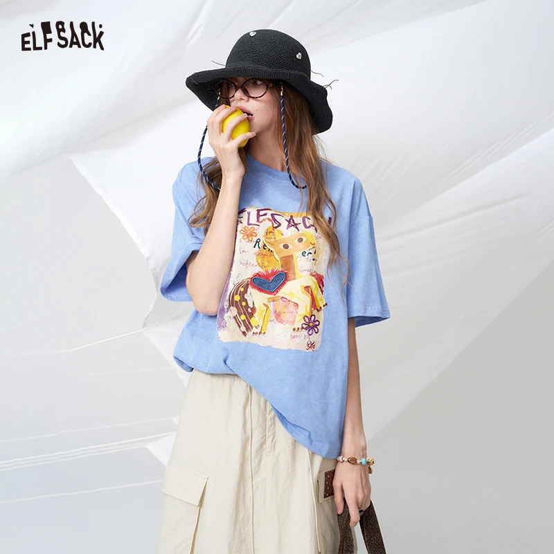 

ELFSACK Casual Pony Print T-Shirt, Cute Light Blue Washed Tee, Oversized Top for Summer Daily Outfit