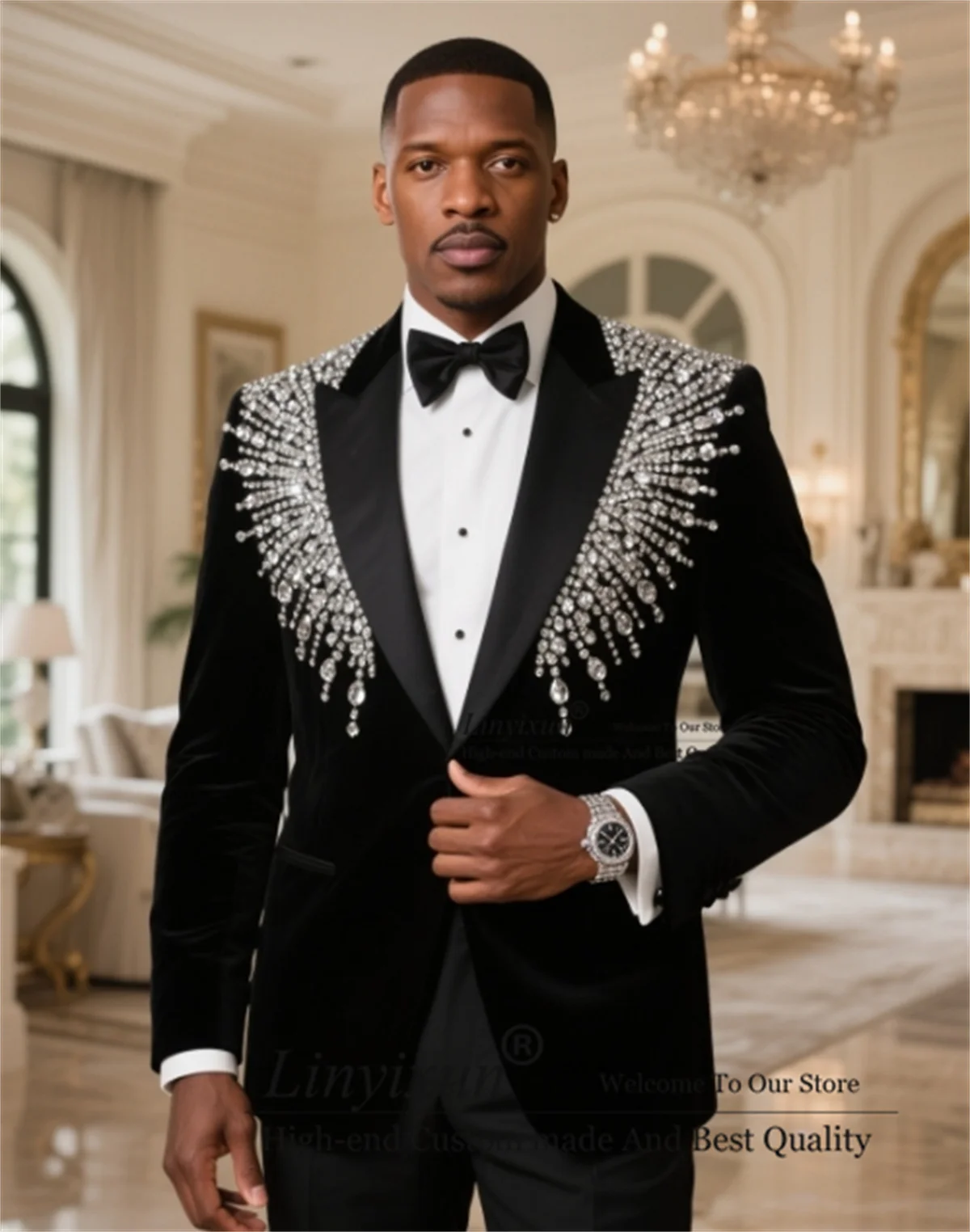 

High End Diamond Gem Men Suits Customized Ropa Hombre Fashion Velvet Groom Tuxedos 2 Pieces Sets Wedding Party Prom Blazer