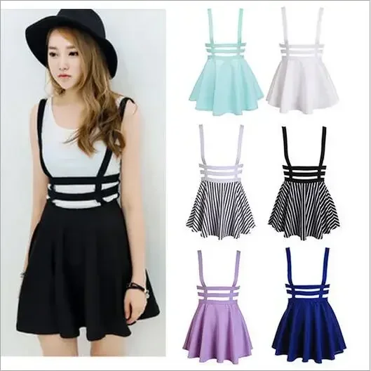 

Women Suspender Skirts Girls Ruffles Skater Pleated Short Braces Skirt Back Zipper Hollow Out Skirt Fashion Bandage Mini Dresses