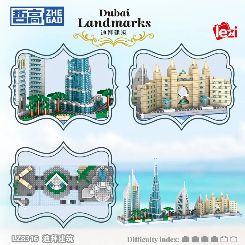 Dubai Micro Building Blocks France Eiffel Burj Khalifa Tower Famous Landmark 3D Model De La Tour Hotel Arabia Mini Brick Toys