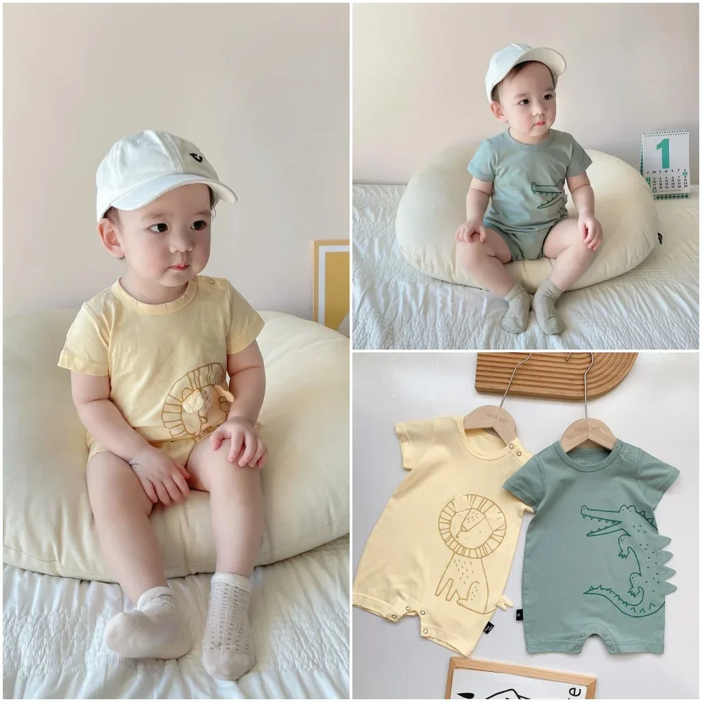 

Cotton Newborn Baby Boy Cartoon Dinosaur Romper Baby Girl Short Sleeve Clothes 0-24M