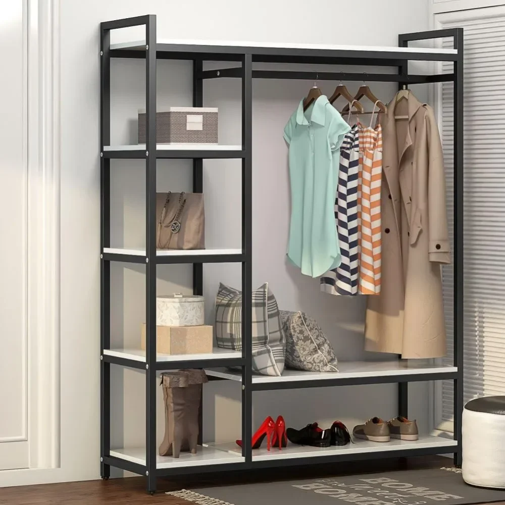 Free Standing Wood Closet Clothes Rack,Heavy Duty Grament Rack with Shelves,Hanging Racks for Clothes Clothing Rack