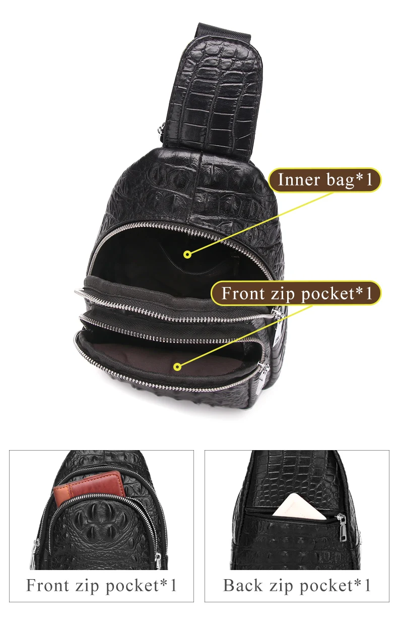 Schlatum 100% Rindsleder Männer Krokodil Narben Mode schwarz multifunktion ale Leder Brusttasche – Detail 5