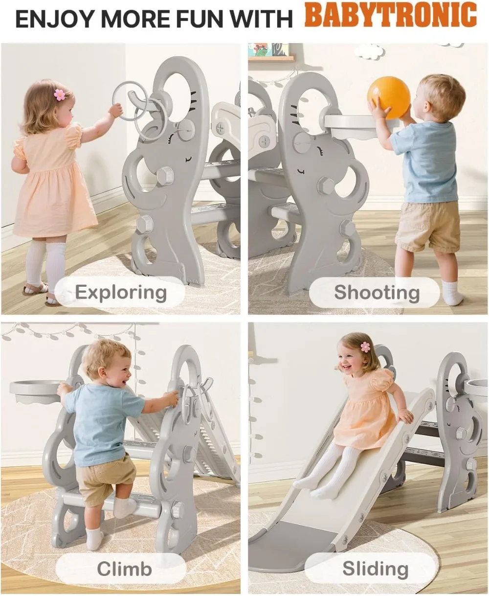 Corrediça dobrável para crianças com cesta de basquete e lançamento de anel, conjunto de jogos interno e externo para crianças de 1 a 3 anos