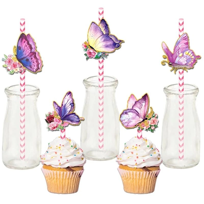 

24pcs Butterfly Themed Stripe Paper Straw for Picnics Birthday Party Supplies