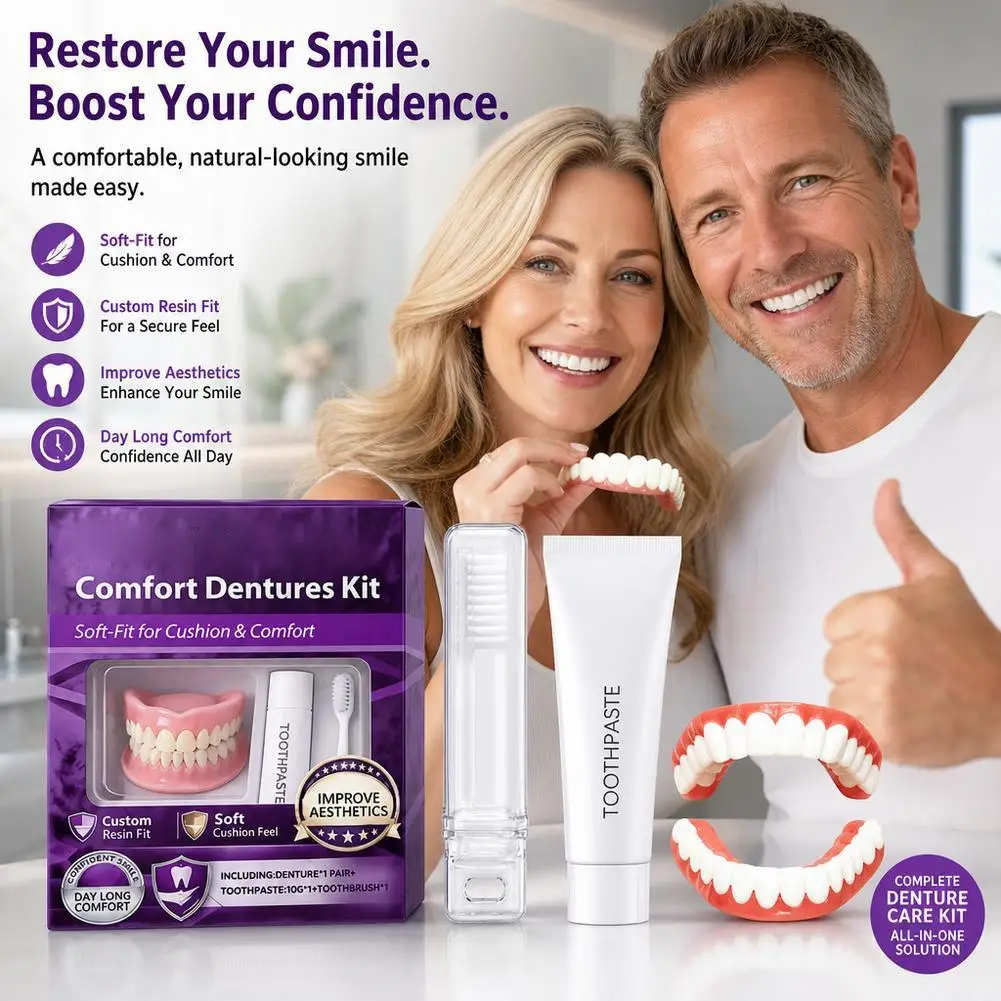Instant Smile Moldable Denture Kit Natural Upper Lower False Teeth With Toothbrush Toothpaste Soft Comfort Fit Adult Oral