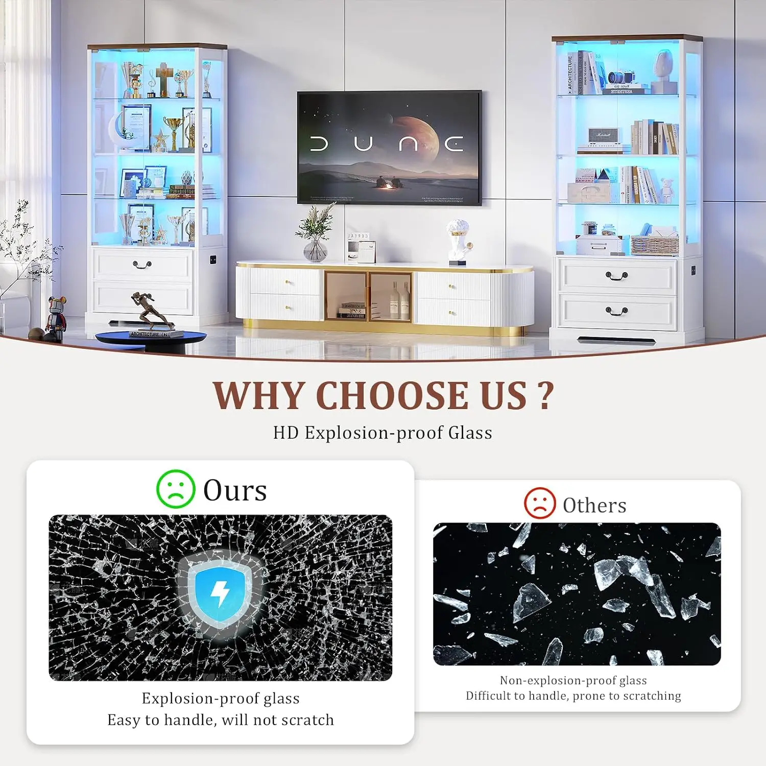67" Tall Display Cabinet with Glass Doors and 2 Drawers, Stable Wooden Frame Curio Cabinet with Smart Human Sensor, Led Display Cases for Collectibles and Books, Living Room Office (White) view 5