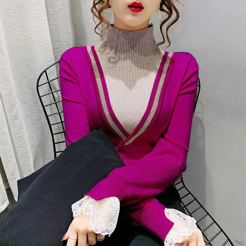 Autumn Winter New Lace Patchwork Bottoming Shirt Fake Two Piece Slim Contrast Knitting Pullovers Vintage Fashion Women Clothing