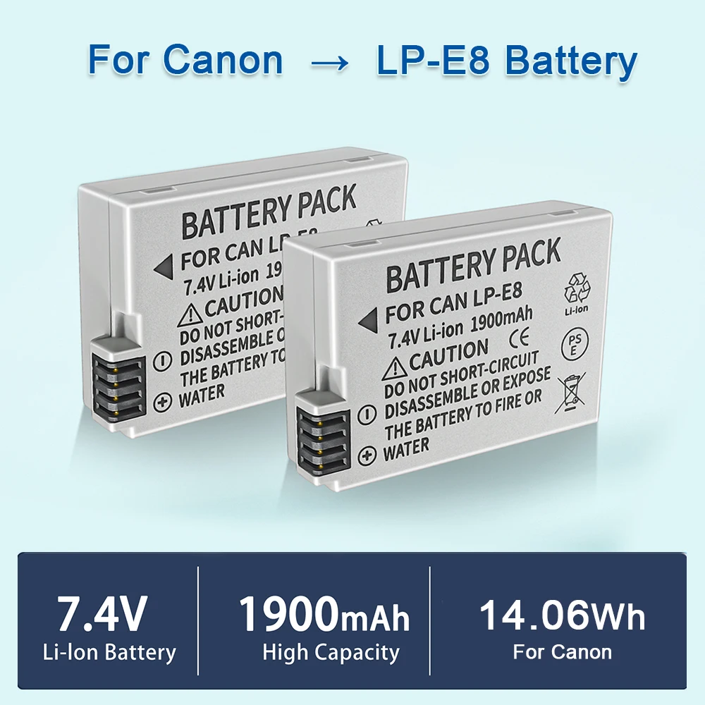 

1900mAh 14.06Wh LP-E8 LPE8 Battery Compatible with Canon EOS 550D 600D 650D 700D KISS X4 X5 X6i X7i EOS T2i T3i T4i T5i DSLR Cam
