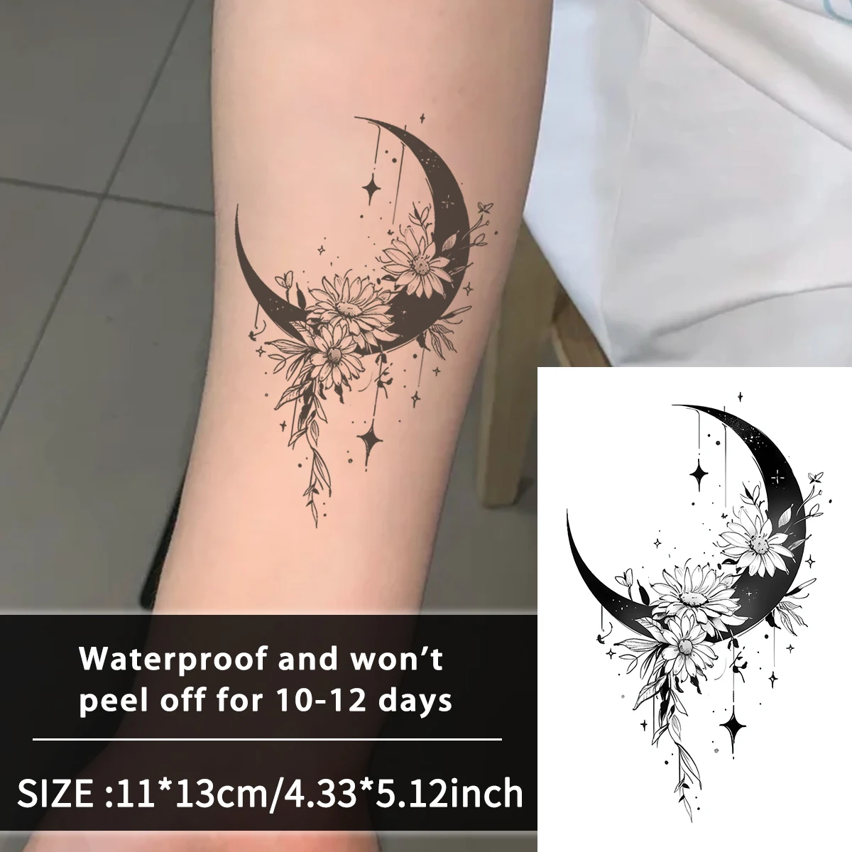 Crescent moon, black moon, and flowers arm waterproof temporary tattoo sticker, lasts 1-2 weeks, realistic fake tattoo