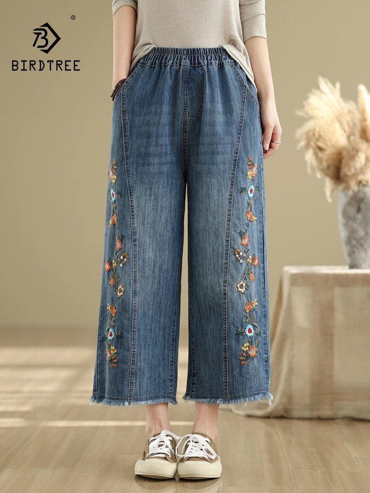 

New 2025 Summer Denim Cotton Jeans, Women Elastic Waist Floral Embroidery, Mori Girl Vintage Loose Wide Leg Trousers B57926CC