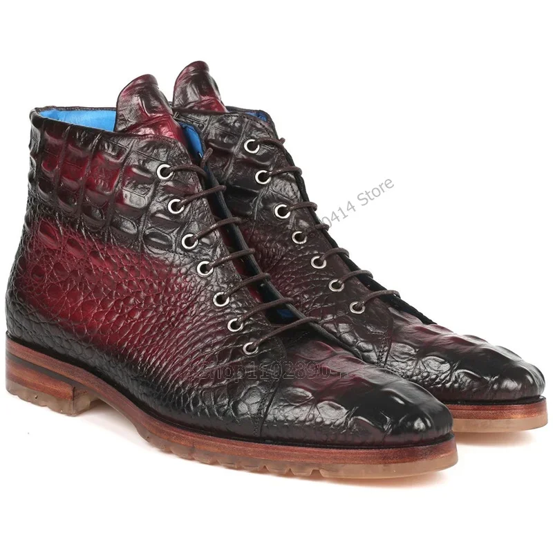 

Mixed Gradient Color Crocodile Print Fretwork Boots Fashion Lace Up Men Shoes Luxurious Handmade Party Banquet Men Dress Shoes