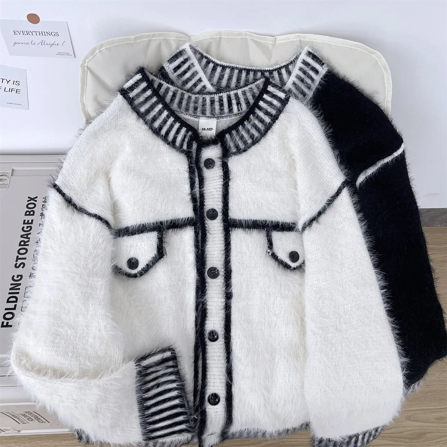 Персонализированный вязаный свитер, контрастный контур, уличная одежда, вязаный кардиган с круглым вырезом, осень-зима, стильный красивый свитер