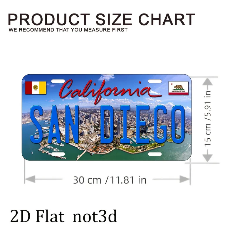 HD Aluminum Print, Vintage California San Diego Coastal Cityscape License Plate Style Wall Art, High Definition Bend-Resistant M