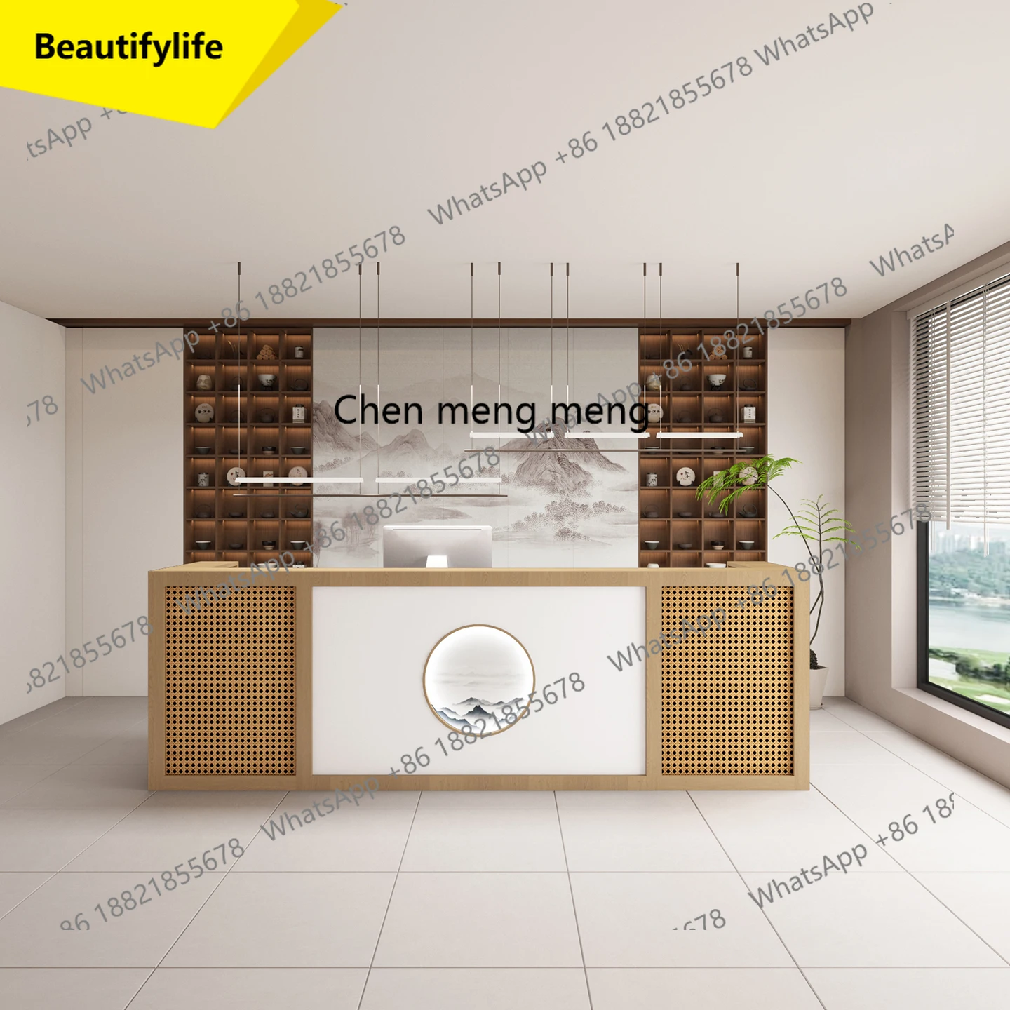 

M46 New Chinese style checkout page Teahouse retro bar counter rattan front desk hotel reception desk