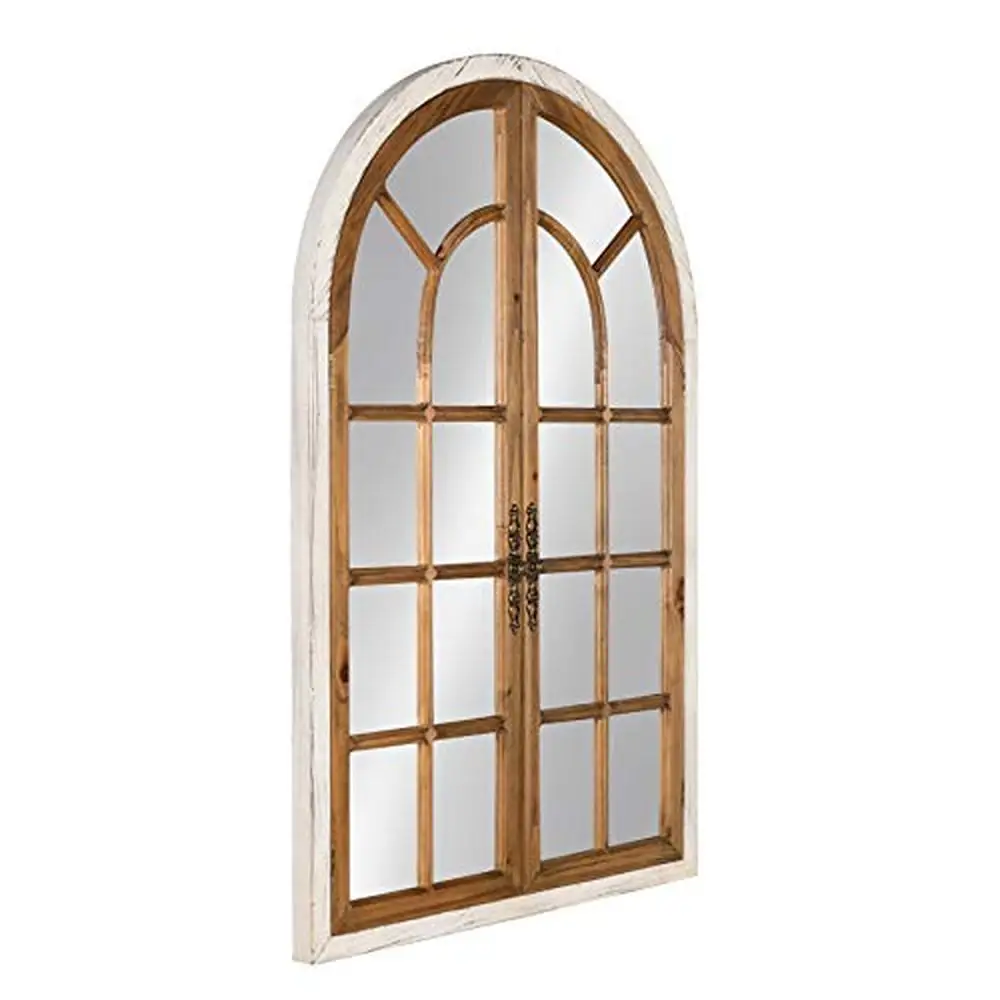 Large Traditional Farmhouse Windowpane Arch Mirror Rustic Brown and White 28x44 Solid Wood Construction Easy Wall Display