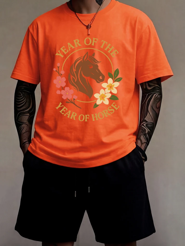 Year Of The Horse Printing Mens Breathable Daily Fashion Tee Shirts Suits Casual Summer Sweatpants Cotton Basics Cool Tees