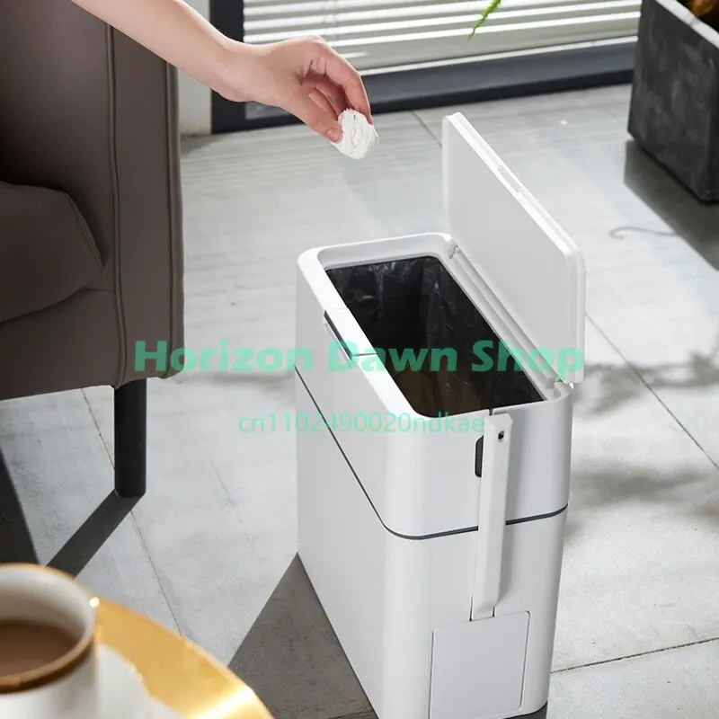 Household Narrow Gap Garbage Bin With Lid Pull Rope Automatic Bagging Trash Can With Toilet Brush For All Home Room Use