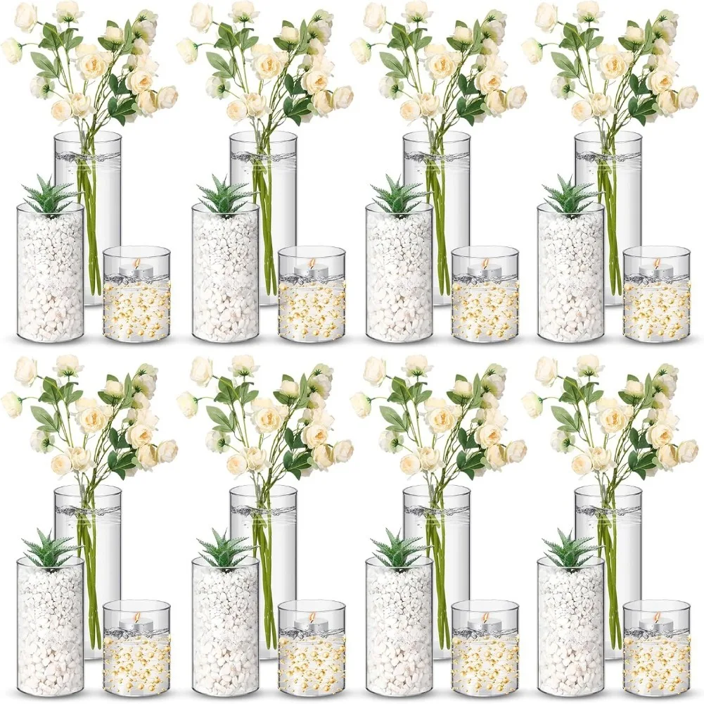 

Nuogo 24 Pcs Plastic Cylinder Vases Tall Clear Flower Vases for Centerpieces Hurricane Candle Holder for Home Wedding Office