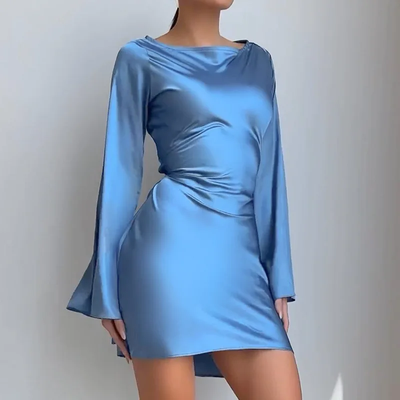 Gaun Satin Wanita dengan Tali Pinggang, Gaya Streetwear Elegan Musim Semi Gugur, Lengan Panjang, Mini Dress Bodycon, Warna Solid, Gaun Pesta