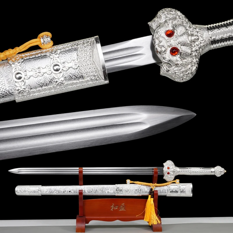 Medieval Han Jian Kongfu Sword T10 Steel Blade Real Full Tang Sharp Ready Battle Samurai Swords White Yongle Dragon Katanas