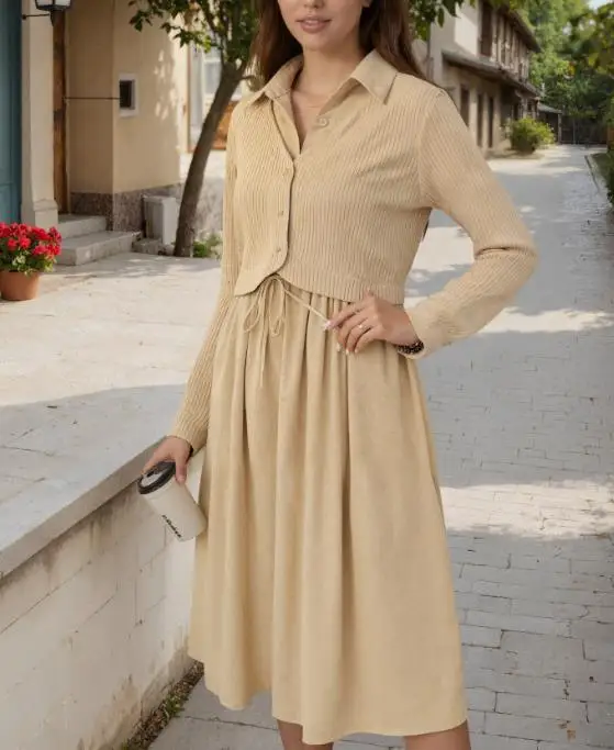 Conjunto de falda y camisa de manga larga de talla grande para mujer, solapa de Color sólido, vestido de dos piezas para otoño e invierno, traje falso