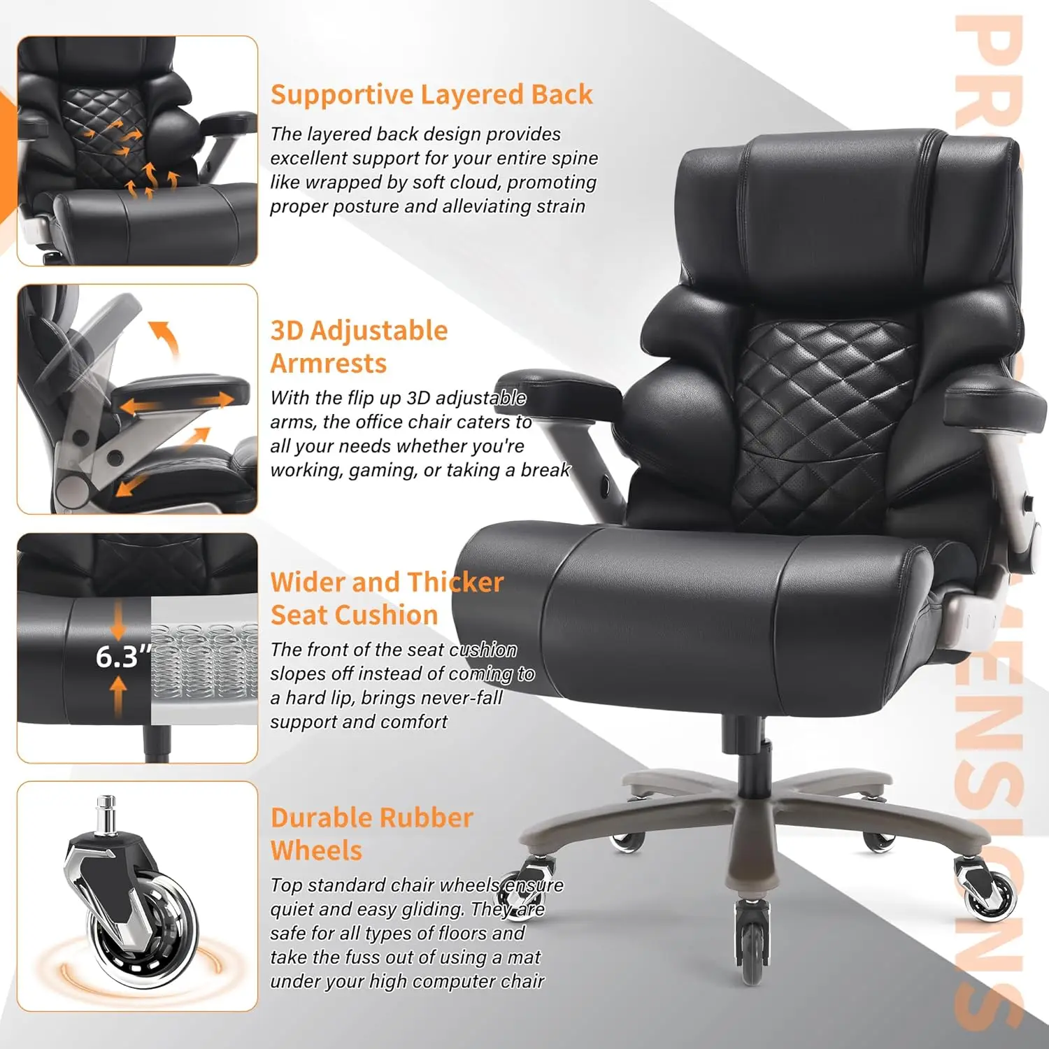 Silla de oficina grande y alta, capacidad de 700 libras, lumbar ajustable, brazos 3D, base de metal resistente